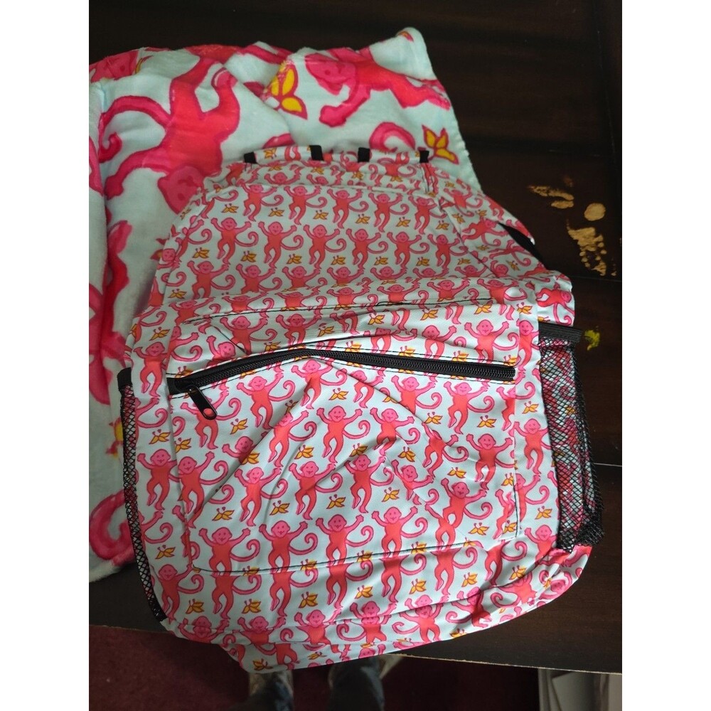 Pink Preppy Monkey Blanket 50x40 And Bookbag